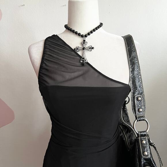 Black Mesh Asymmetrical Mini Dress Y2K 2000s Indie Sleaze Grunge Small‎ - Picture 2 of 7